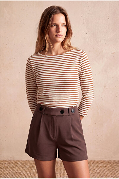 WESTMARK LONDON Women's Tile / Ecru Striped Cotton Slim Fit Boat Neck 3/4 Sle...