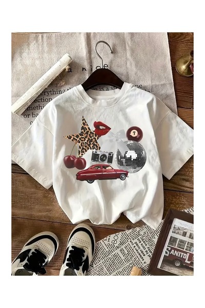 ZİYMO ΓΥΝΑΙΚΕΙΟ T-SHIRT OVERSIZE ΜΕ ΣΤΑΜΠΑ DISCO BALL VINTAGE CAR CHERRY