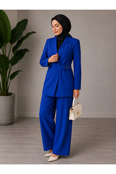 Afri Saks Blue Women's Belted Blazer Jacket Palazzo Trousers Two-Piece Set – ...