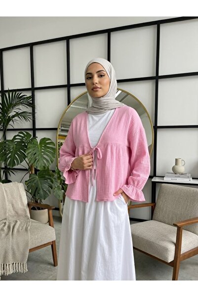Lunsera Store كيمونو قصير مع ربطة أمامية - وردي