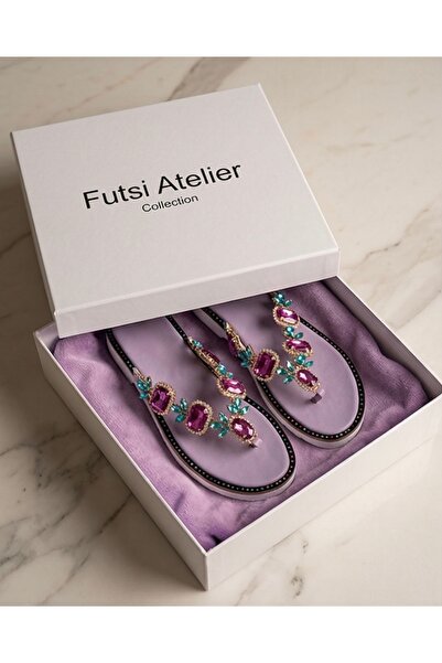 futsi shoes CELINE Mor Hakiki Deri Taş İşlemeli Kadın Parmak Arası Terlik