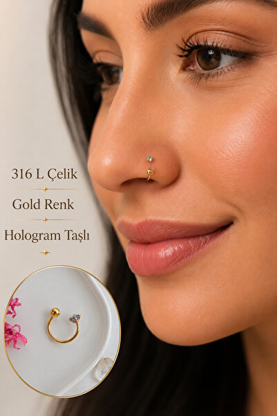 Sacce Scarves&Accessories 316 L Çelik Hologram Taşlı Hızma Piercing 8 mm Buru...