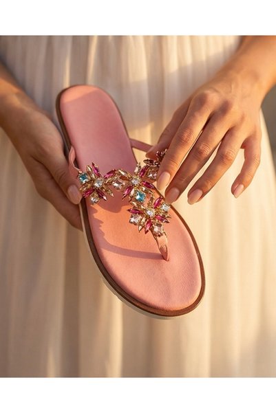 futsi shoes SOLENE Pembe Hakiki Deri Pembe Taş İşlemeli Parmak Arası Kadın Te...