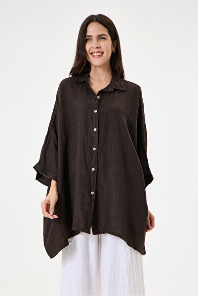 della moor Women's Brown Italian 100% Linen Plus Size Poncho Linen Shirt Size...