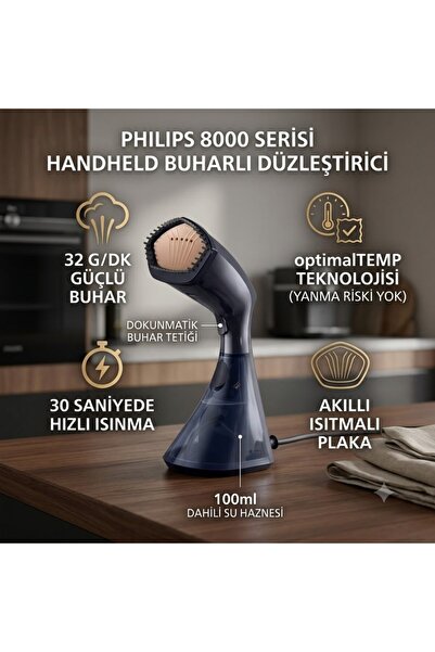 Philips 8000 Serisi El Tipi Buharlı Düzleştirici, 32 g/dk'ya kadar Buhar Gücü...