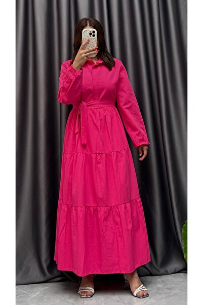 NİSUM MODA Shirt Collar Long Dress