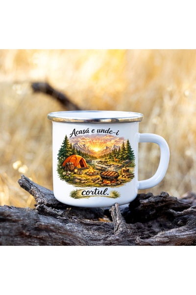 Arka9 Cană emailată 350 ml – „Acasă e unde-i cortul”