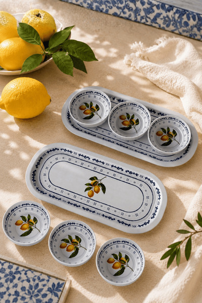Sarkap Home 16x35 cm 2'li Oval Tepsi 10x3,2 cm 6'lı Çerezlik Seti Lemon Desig...