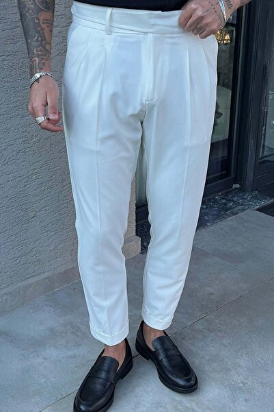 OUTFİT MAN Italian Cut Modern Belted Trousers White