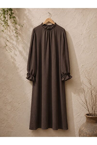 KÜÇÜĞÜM BUTİK Brown Casual Long Sleeve Linen Dress