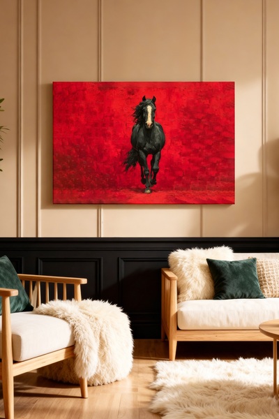 ART NEST DEKOR KIRMIZI FONDA SİYAH AT DESENLİ CANVAS TABLO