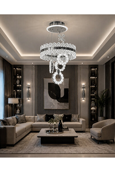 Led YENİ MODEL 4 SARKIT LÜX ÇEMBERLİ AVİZE KROM RENK 3 IŞIK SEÇENEĞİ