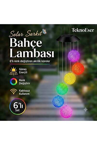TeknoEser Solar Sarkit Bahçe Lambası 6'lı Renk Değiştiren LED Küre Güneş Ener...