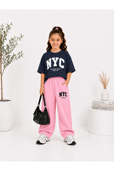TREND THE BEST Trendin En İyisi Summer Girls' Nyc Printed Pink Sweatpants and...