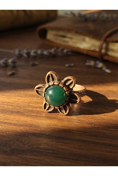 Meneva Aksesuar Jade Natural Stone Handcrafted Copper Framed Flower Design Ad...