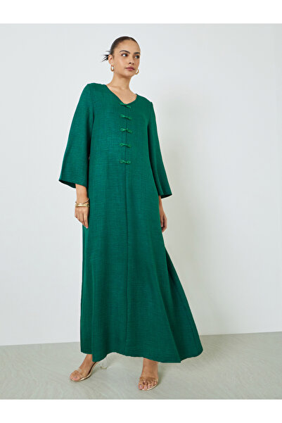 Amirah By Styli Dark Green V Neck Jalabiya with Decorative Buttons