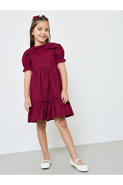 Styli Girls Solid Puff Sleeves Dress with Bow Detail