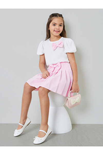 Styli Girls Bow Detail Puff Sleeve Blouse and Pleated Skirt Set