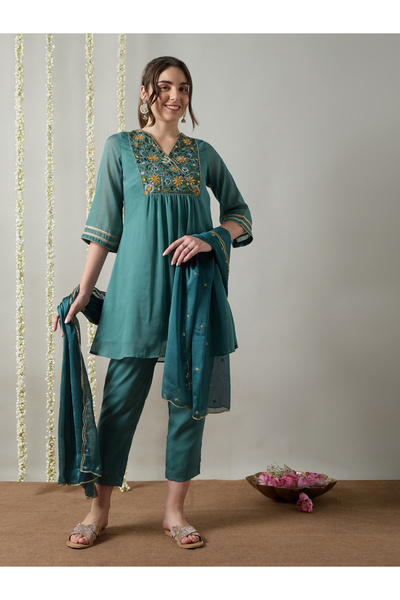 Silver Lime By Styli Teal Embroidered A-Line Kurta, Straight Pants and Dupatt...