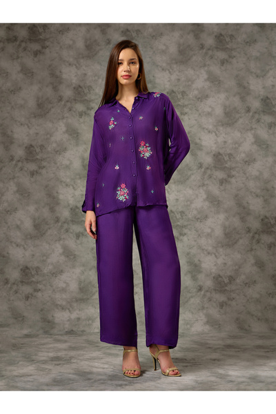Silver Lime By Styli Embroidered Shirt and Pants Co-ord Set