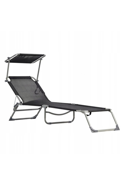 SERSIMO Șezlong pliabil cu parasolar reglabil, spătar reglabil, 150 kg, negru