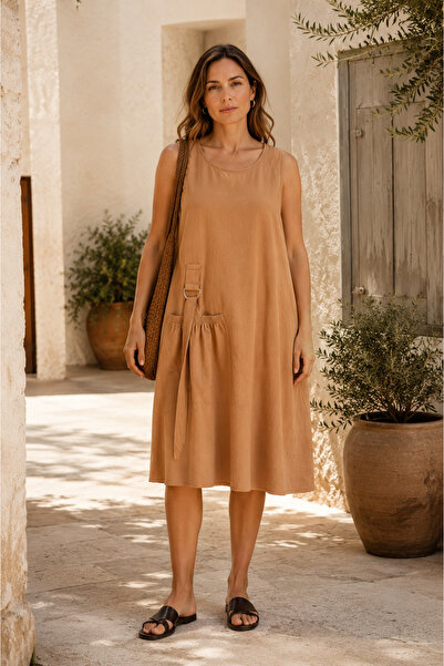 Elaria Collection %100 Pamuk Cepli Rahat Elbise Camel