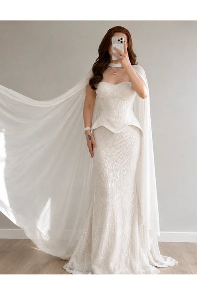 ayşenur Dinçer butik Dilruba Pelerinli Abiye Beyaz