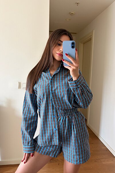 Laluvia Navy Blue Checkered Shirt Shorts Set - 7363