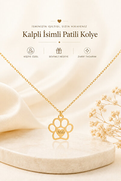 emirOmade 925 Ayar Gümüş Kişiye Özel Kalpli Patili İsimli Kolye Gold Rengi 14...