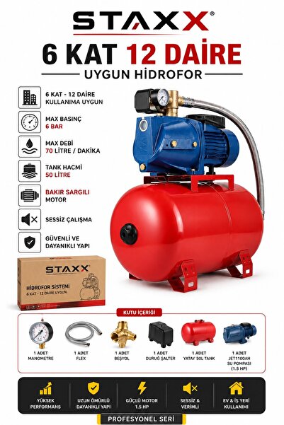 STAXX POWER 50 Litre Hidrofor 1.5 HP Jet Su Pompası 6 Bar Bakır Sargılı Sessi...