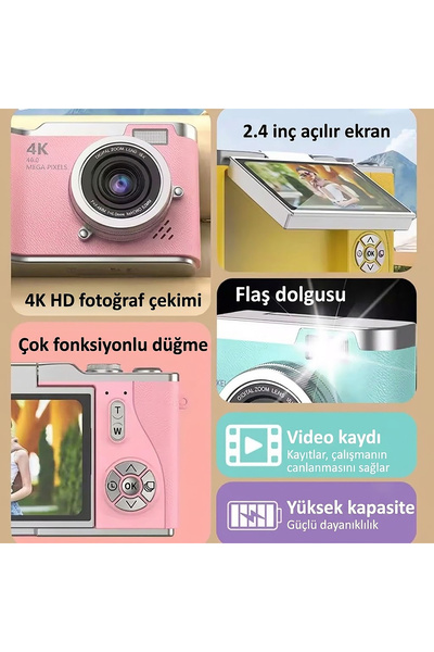 TECHNOM 4K Ultra HD Dijital Fotoğraf Makinesi - 48 MP Vlog Kamerası, 2.4 İnç Dönebilen Ekran, Otomatik Odaklama (Autofocus) & Sarsıntı Önleyici Vlog Kamera