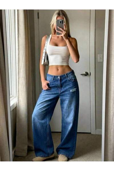 MARA BRANCO Women's Dark Blue Low Waist Ripped Detailed Wide Leg Jean Trousers