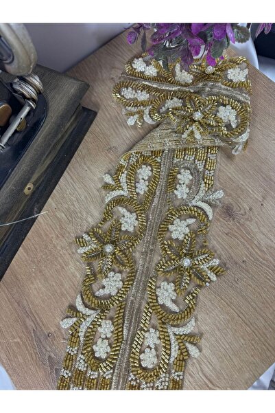 jasmina store Bordură din dantelă cu model floral brodat cu mărgele aurii (1mt)
