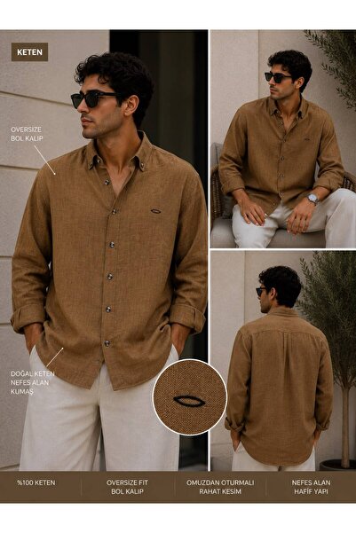 Green'DAL Ανδρικό πουκάμισο oversize 100% λινό, μακρυμάνικο με κουμπιά, καλοκ...
