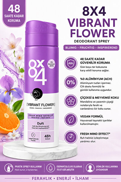 8x4 Vibrant Flower Sprey Deodorant 150 ml | Çiçeksi Meyvemsi Koku | 48 Saat K...