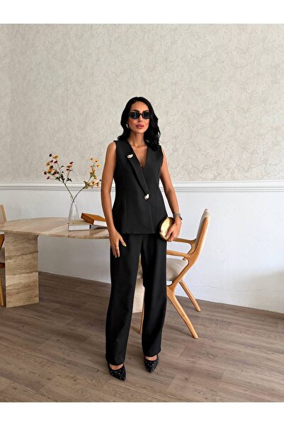 Bella Breeze سترة نسائية مع بنطلون، طقم أنيق من قطعتين بأزرار ذهبية