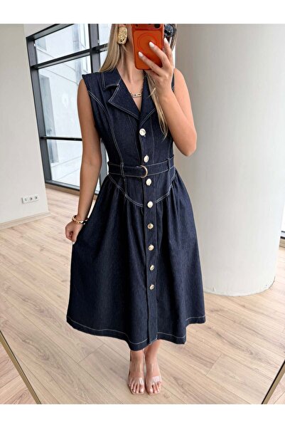 HARMONY GLOBAL Kadın Koyu Lacivert Düğmeli Beyaz Dikiş Detaylı Kemerli Denim Midi Elbise 7827