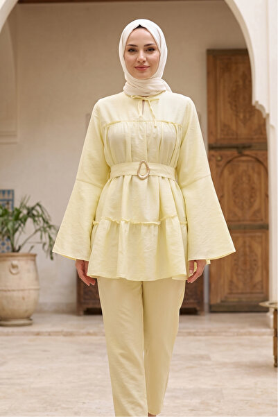 FERHEL Women's Belted Polyviscon Hijab Tunic with Tie Collar - Yellow