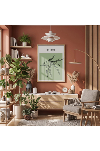 KOLAJTASARIM Single Natural Wood Canvas Framed Painting — Sage Minimal Leaf A...