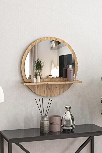meDDex Yuvarlak Raflı Ayna 45cm Atlantik Çam Dresuar Hol Koridor Salon Banyo ...