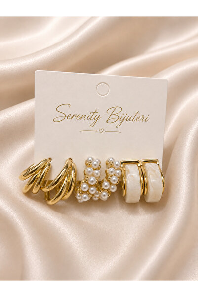 SERENİTY BİJUTERİ 3'lü Gold Küpe Seti- İncili & Mercan Tonlu Kombin