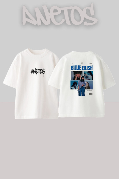 Anetos Billie Eilish_47 Λευκό μπλουζάκι με τυπωμένο σχέδιο Unisex Oversize