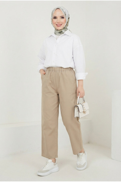 Eseyti Beige Color Elastic Comfortable Cut Pants