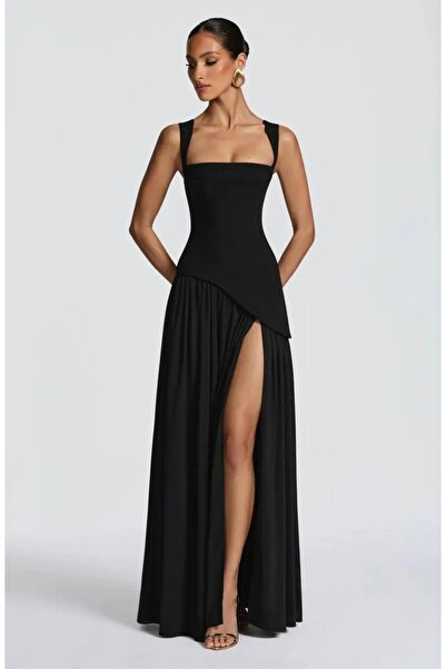 Cool & Sexy Imported Atlas Fabric Back Detail Maxi Dress Black