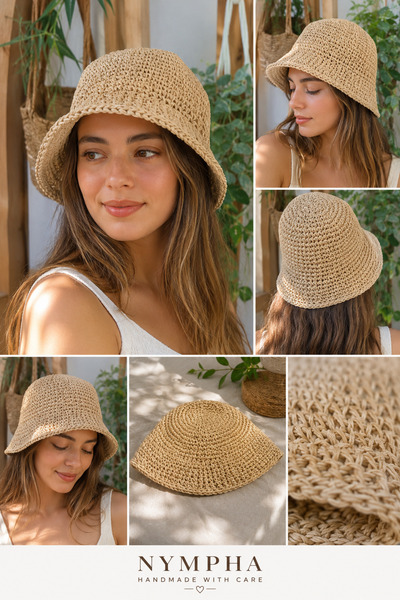 MARİANO VENANZİO Nympha Handmade Women's Straw Bucket Hat |   Summer Knitted ...