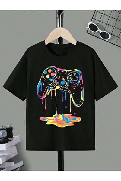 TİMİSİVA Children's Printed Crew Neck Short Sleeve Black T-Shirt