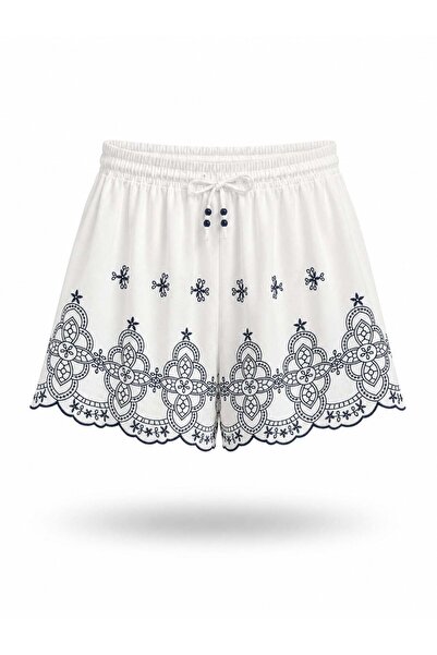 5in1Canpolat Pantaloni scurți albi cu talie elastică și broderie 02126