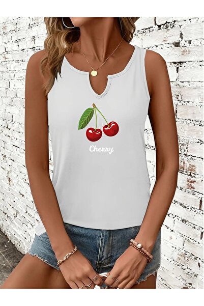 Deocept Women's Cherry Printed Half V-Neck Sleeveless Regular Fit Casual T-Shirt