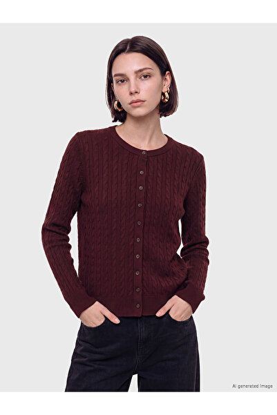 LC Waikiki Lcw Modest Burgundy Knitwear Patterned Short Women's Cardigan with...