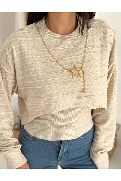 Jöns Butik Women's Crop Knitwear Sweater & Blouse Set – Textured Long Sleeve ...